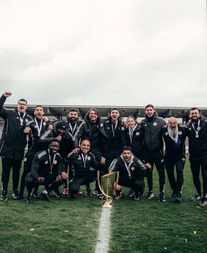 Servette Chênois Féminin technical staff celebrating the Swiss Cup 2025-26